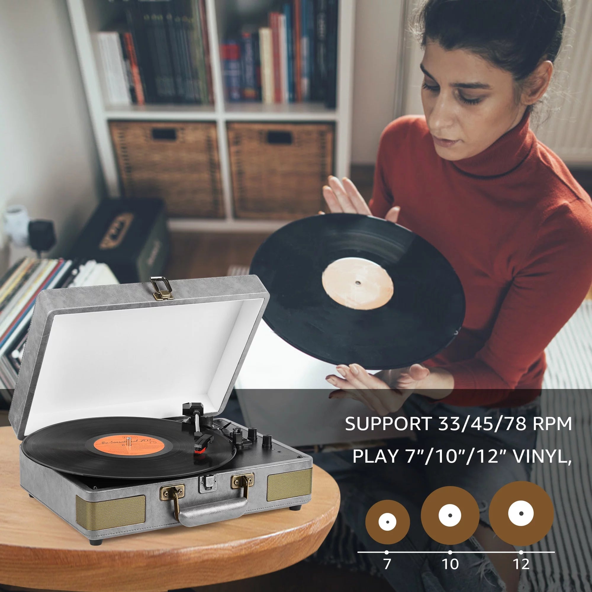 Vinyl Record Player Audio Turntable Bluetooth Portable Suitcase Record Player with Built-In Speakers, Grey