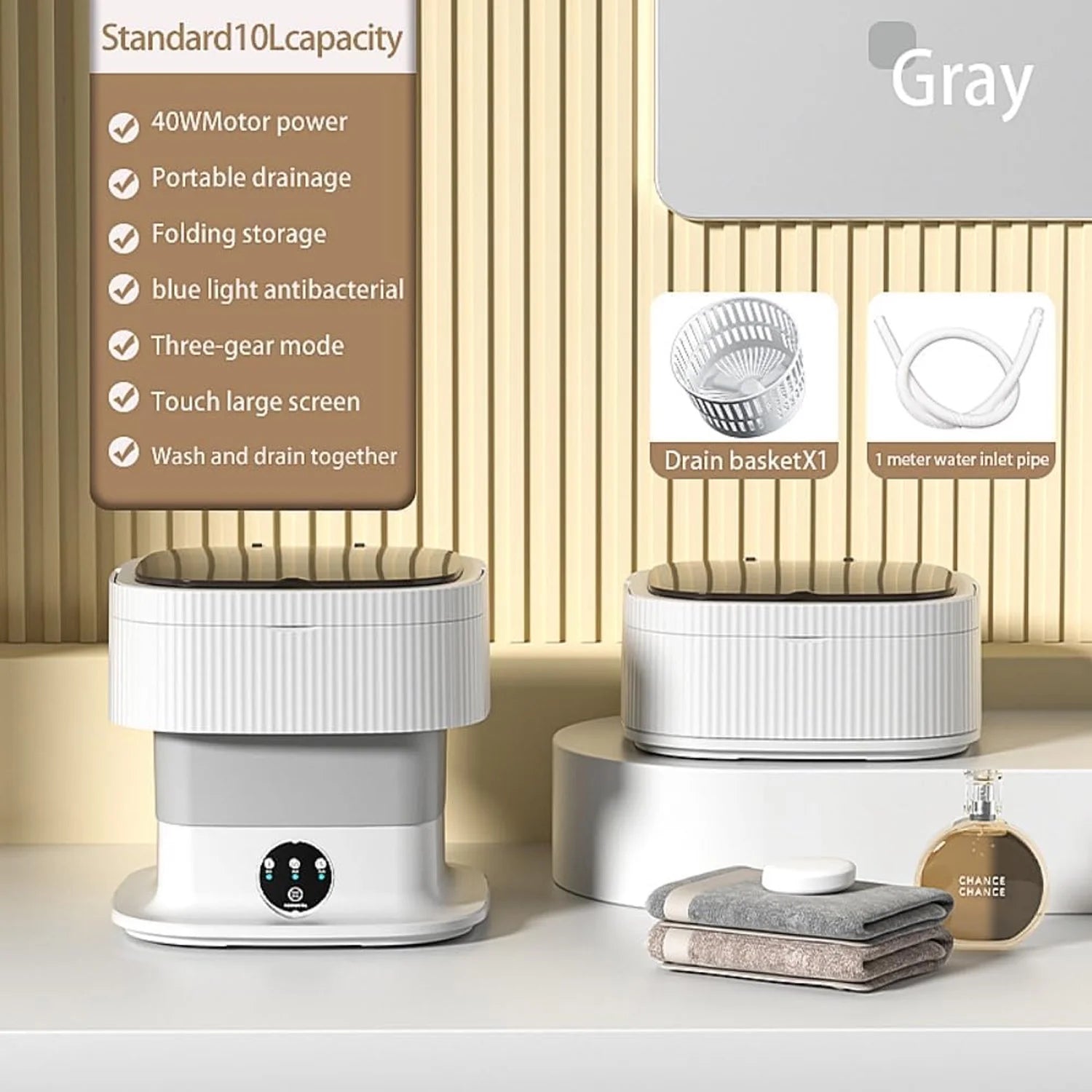 Portable Washing Machine, 10L Large Capacity Foldable Washing Machine ,Mini Washing Machine with 3 Modes Deep Cleaning for Underwear,Underpants,Socks,Baby Clothes,Pet Supplies-Grey