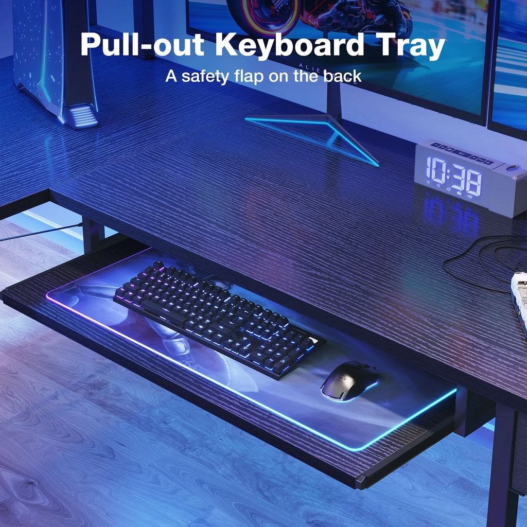 59" Reversible L-Shaped Gaming Desk with Power Outlets & LED Lights, Office Desk with Storage Drawer & Keyboard Tray for Home Office, Corner Computer Desk with Hutch, Pure Black