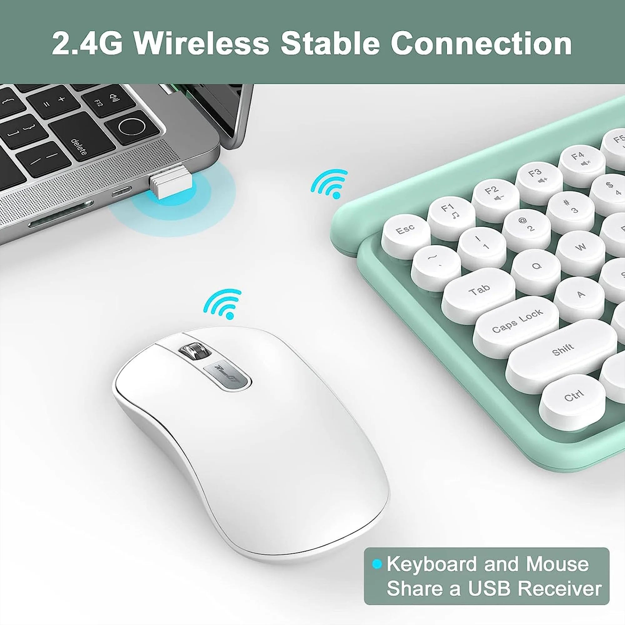 Wireless Keyboard and Mouse Combo,  Typewriter Keyboard Mouse Combo, 2.4G Silent USB Mouse, Quiet Cordless Cute Retro Keyboard Mouse Set, for Windows, Computer, Desktop, PC, Laptop, Green