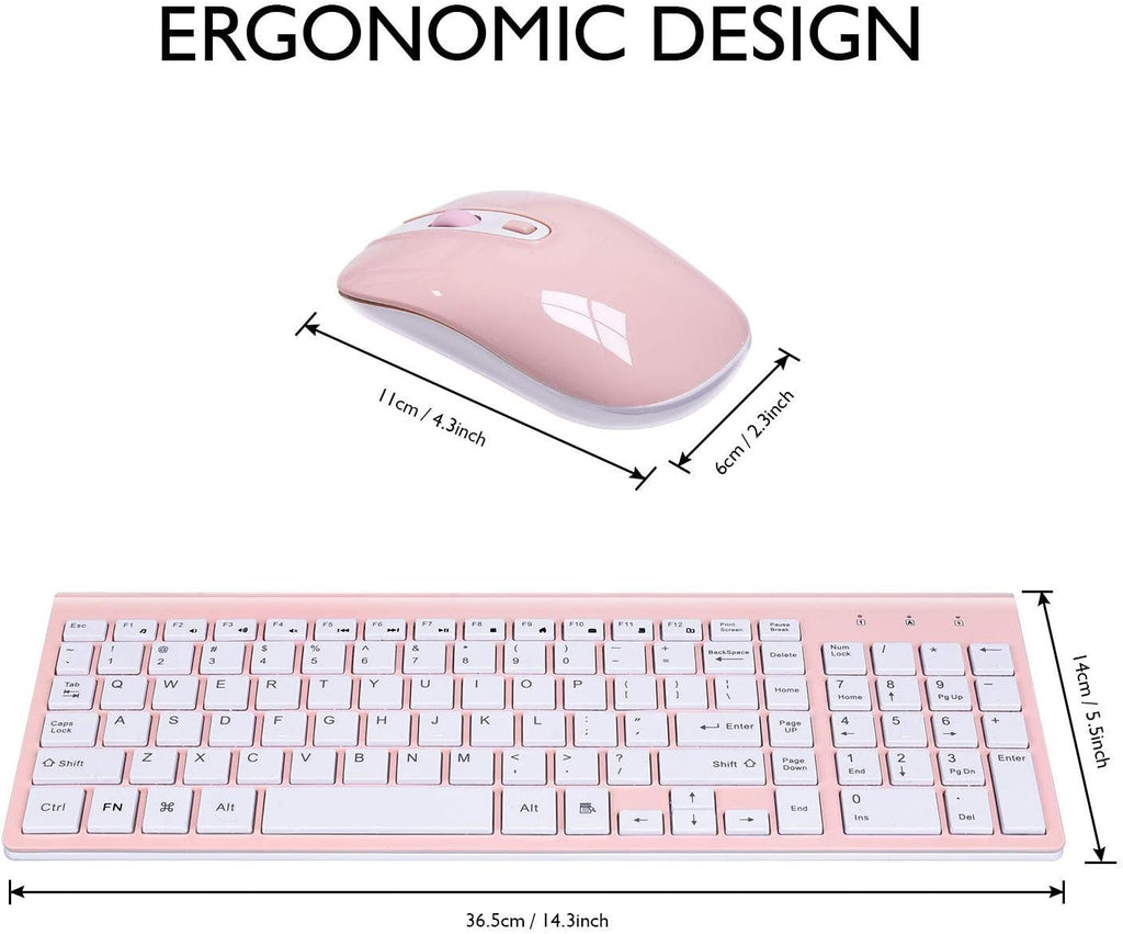 Wireless Keyboard and Mouse Combo, Compact Full Size Wireless Keyboard and Mouse Set 2.4G Ultra-Thin Sleek Design for Windows, Computer, Desktop, PC, Notebook, Laptop - Pink