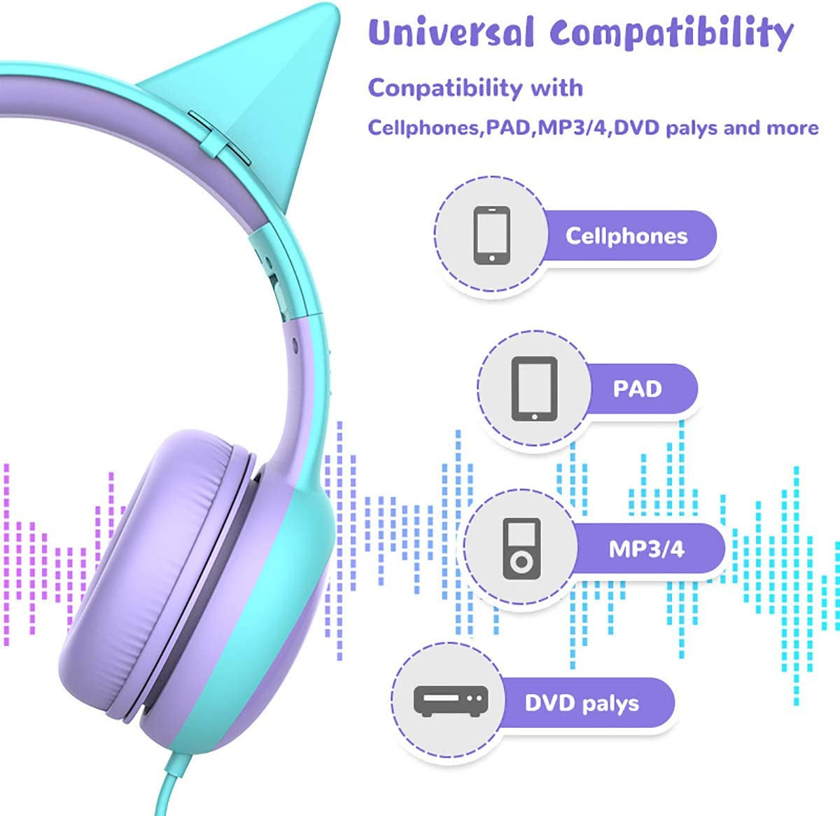 Kids Headphones with Limited Volume, Cat Ear Toddler Headphones, Wired Headphone over Ear for Boys and Girls,Stereo Sound Foldable 3.5Mm Headset for Children