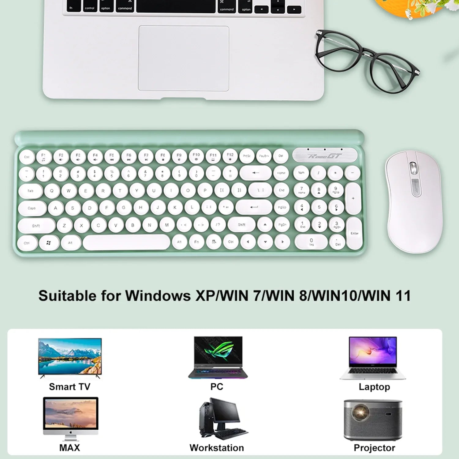 Wireless Keyboard and Mouse Combo,  Typewriter Keyboard Mouse Combo, 2.4G Silent USB Mouse, Quiet Cordless Cute Retro Keyboard Mouse Set, for Windows, Computer, Desktop, PC, Laptop, Green