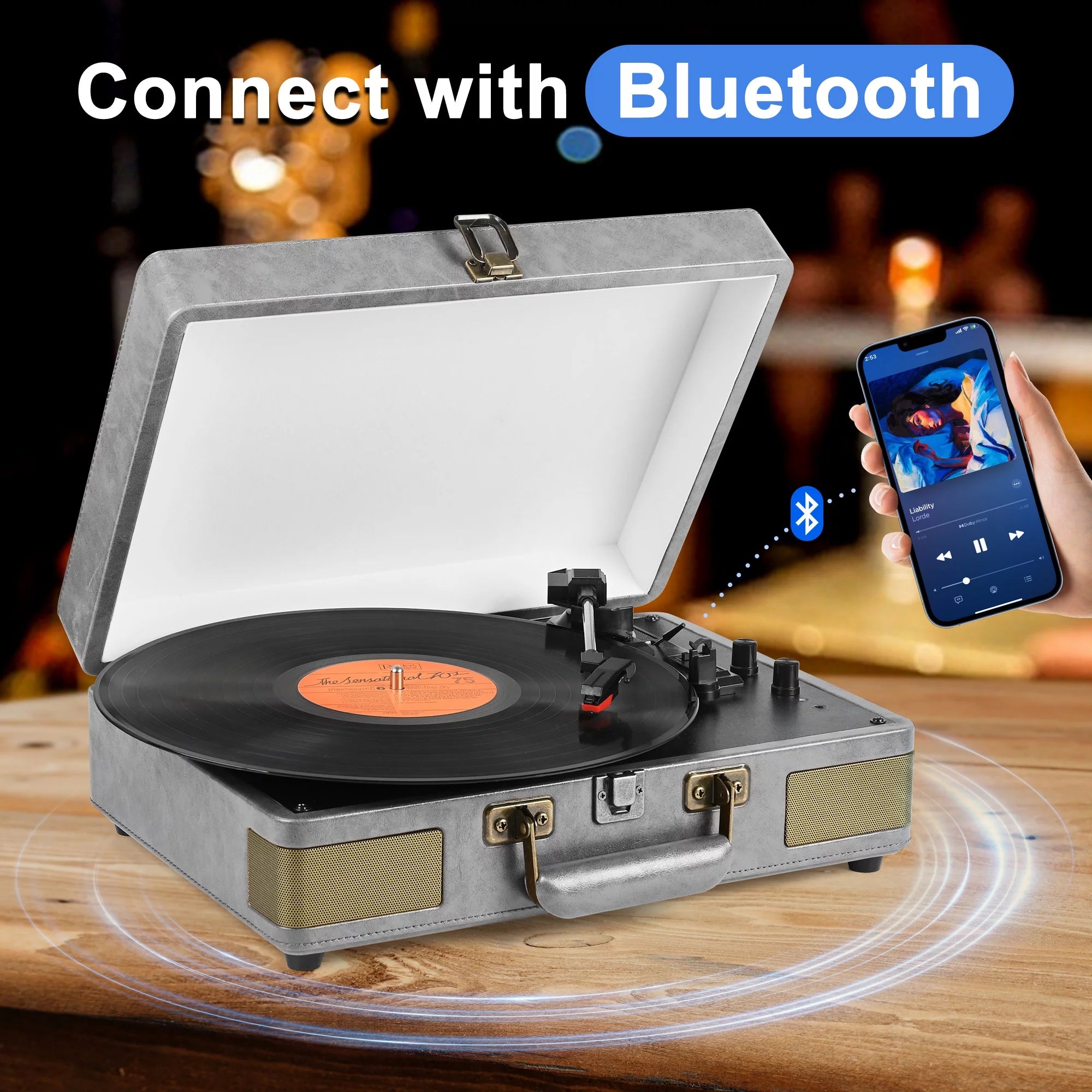 Vinyl Record Player Audio Turntable Bluetooth Portable Suitcase Record Player with Built-In Speakers, Grey