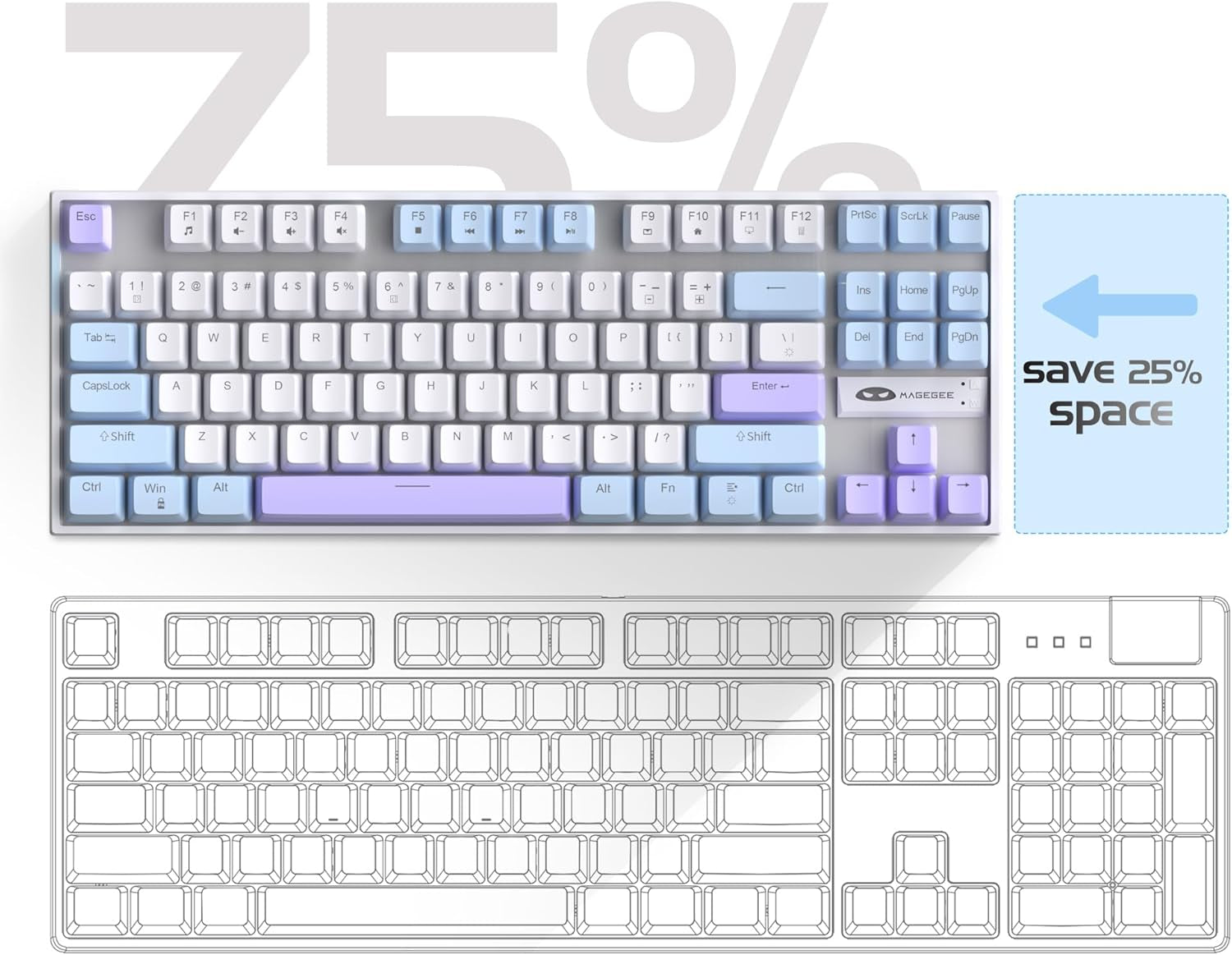 Magegee 75% Mechanical Gaming Keyboard with Red Switch, LED Blue Backlit, 87 Key