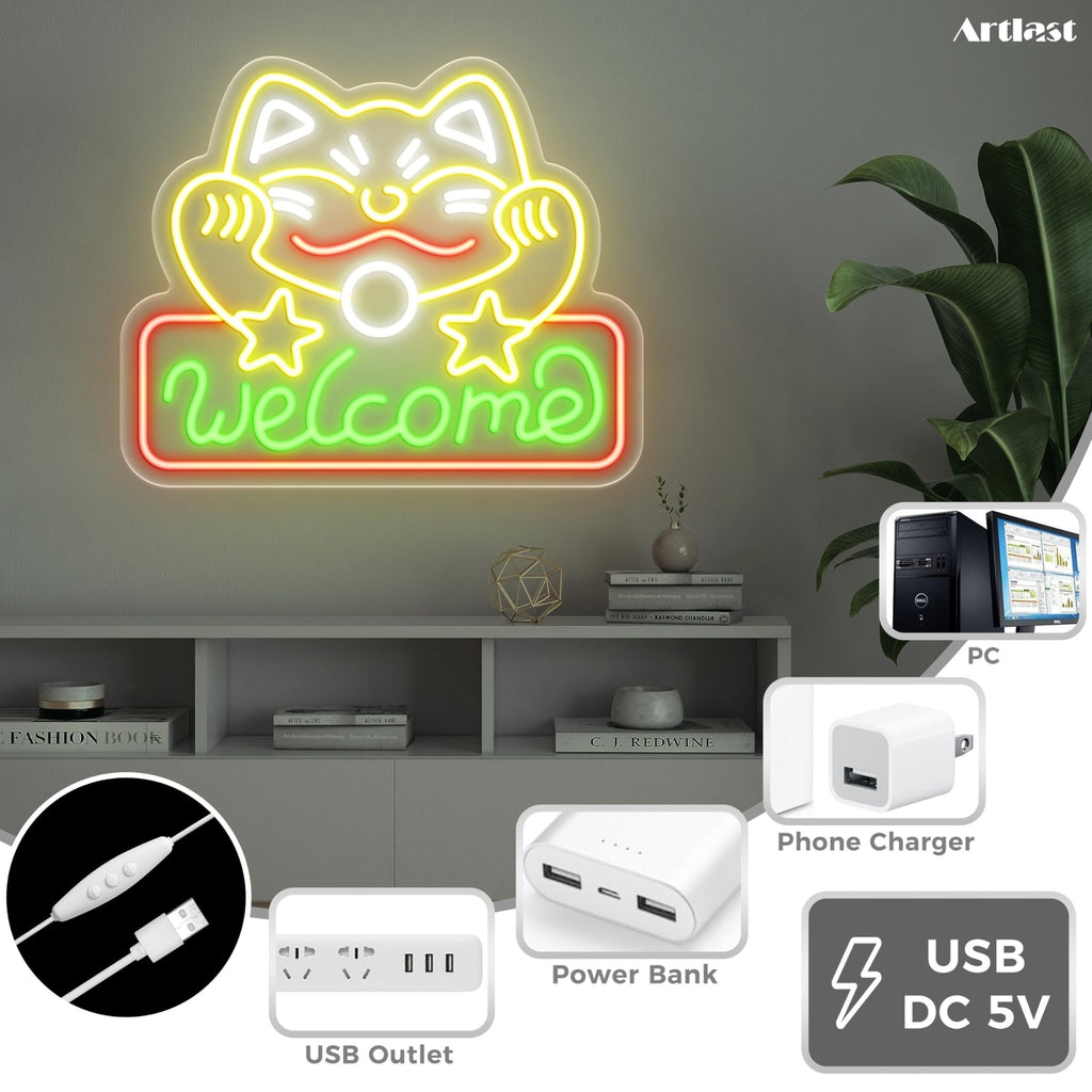 Artalst Lucky Cat Welcome Neon Wall Sign LED Business Welcome Sign Dimmable C...