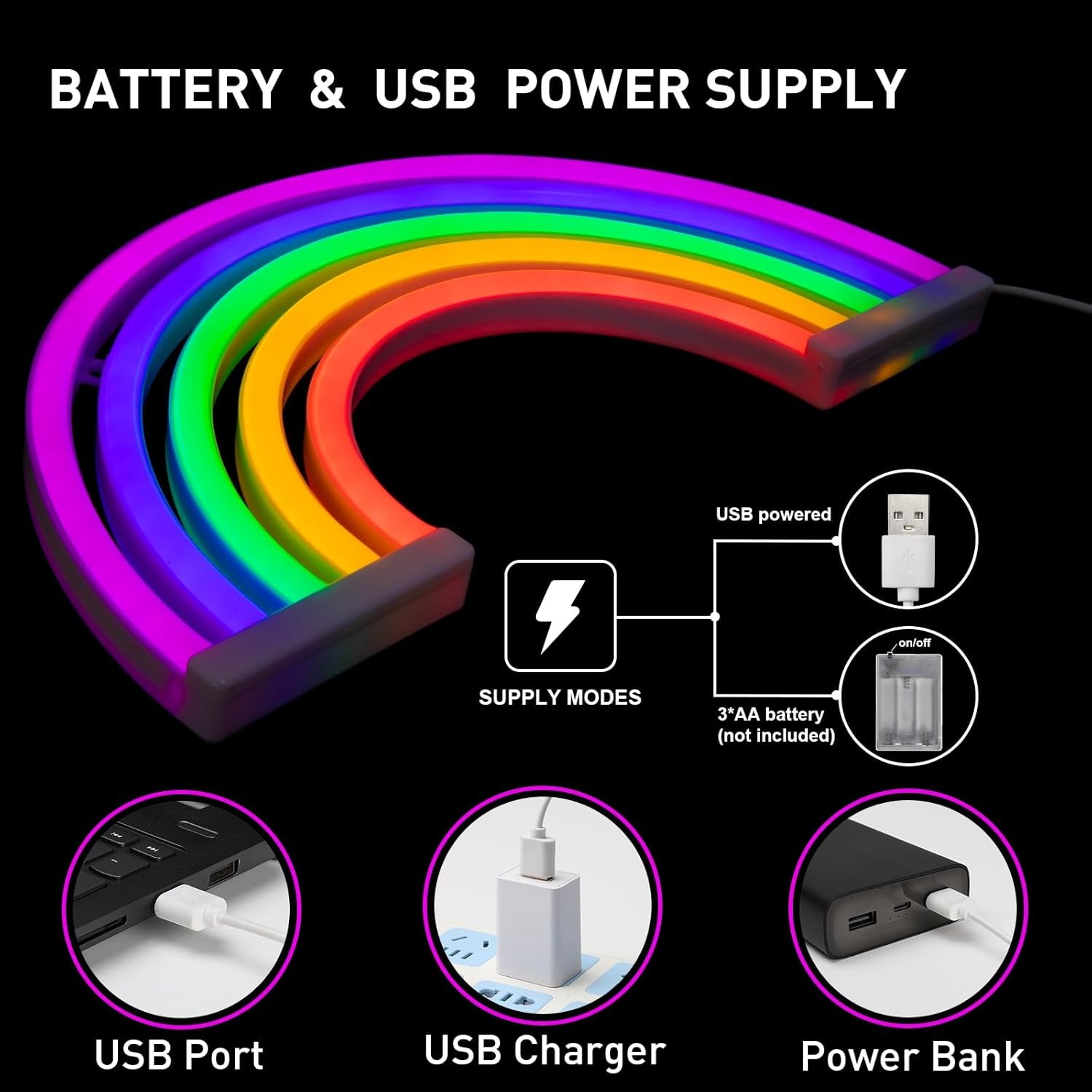 Rainbow Neon Signs for Wall Decor, USB or Battery Operated Rainbow Neon Lights for Girls Room, Bedroom, Party, Classroom, Wedding Home Decor, Kids Night Light Gifts