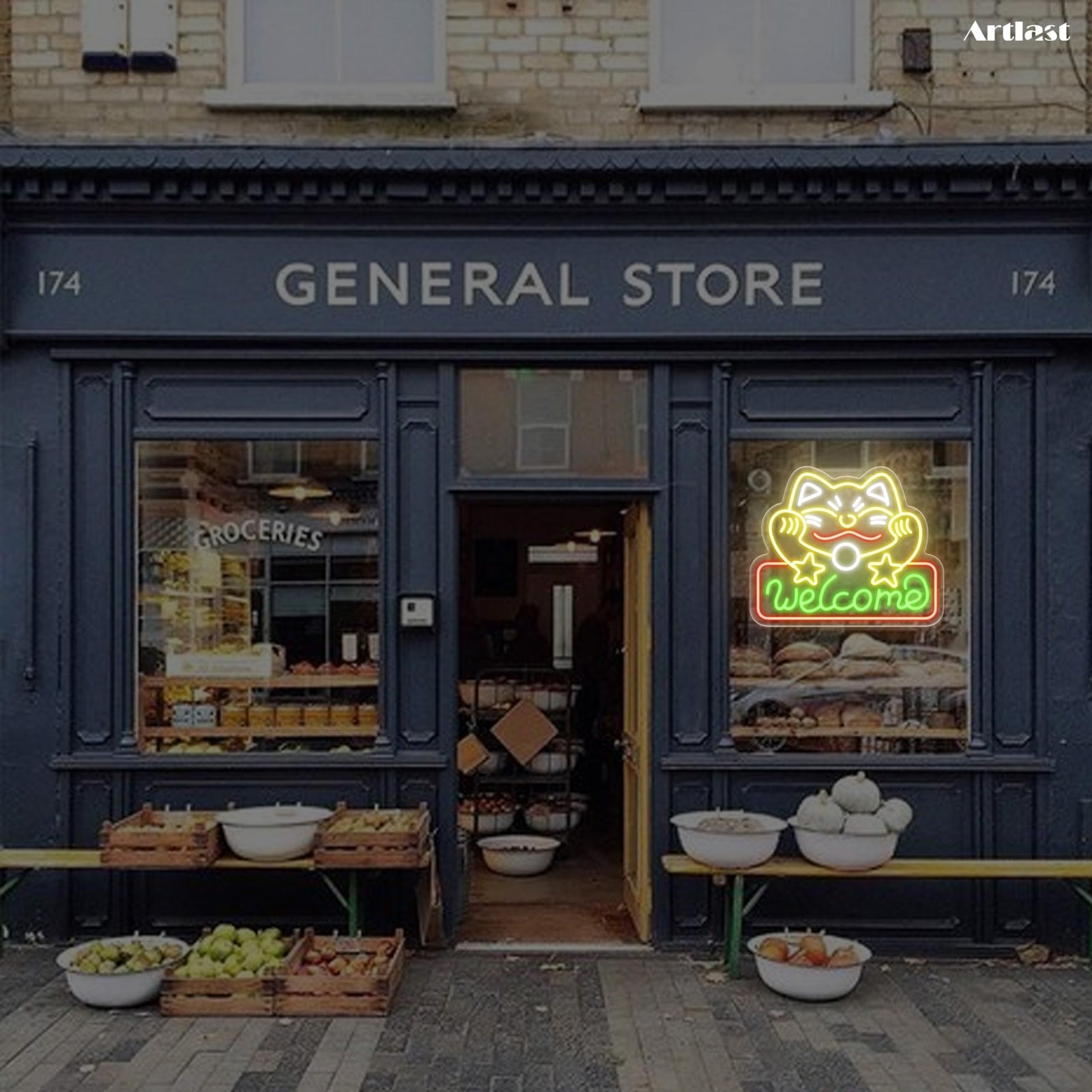 Artalst Lucky Cat Welcome Neon Wall Sign LED Business Welcome Sign Dimmable C...