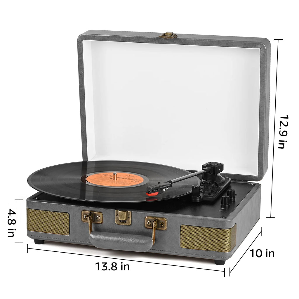 Vinyl Record Player Audio Turntable Bluetooth Portable Suitcase Record Player with Built-In Speakers, Grey