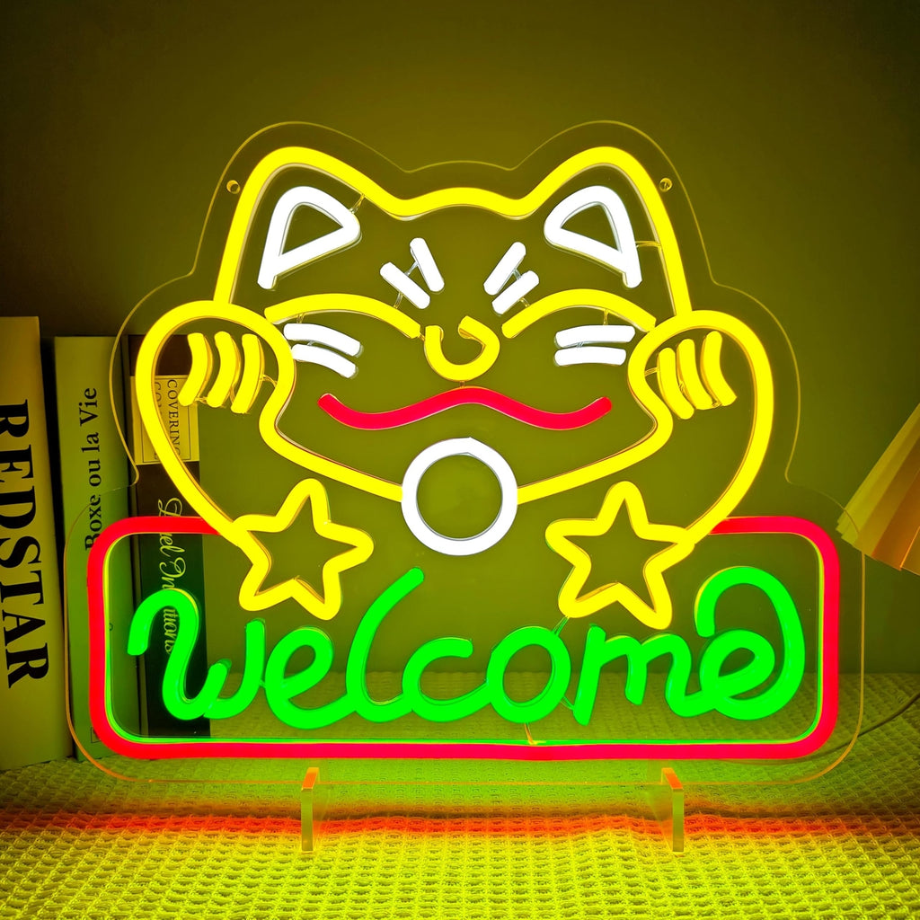 Artalst Lucky Cat Welcome Neon Wall Sign LED Business Welcome Sign Dimmable C...