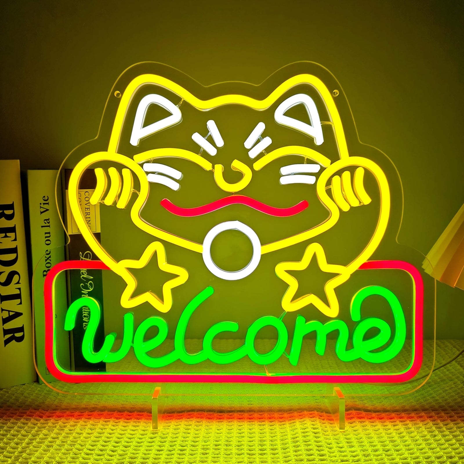 Artalst Lucky Cat Welcome Neon Wall Sign LED Business Welcome Sign Dimmable C...