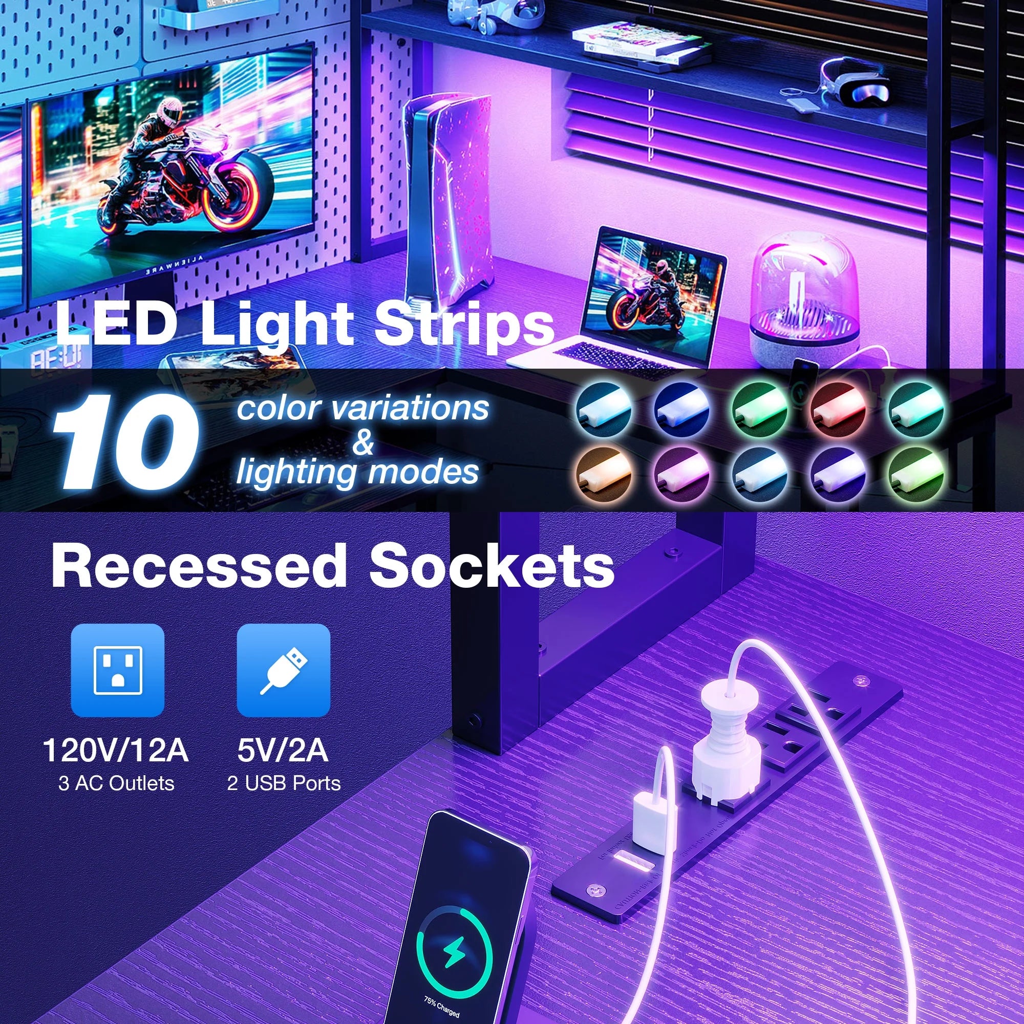 59" Reversible L-Shaped Gaming Desk with Power Outlets & LED Lights, Office Desk with Storage Drawer & Keyboard Tray for Home Office, Corner Computer Desk with Hutch, Pure Black