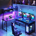 59" Reversible L-Shaped Gaming Desk with Power Outlets & LED Lights, Office Desk with Storage Drawer & Keyboard Tray for Home Office, Corner Computer Desk with Hutch, Pure Black