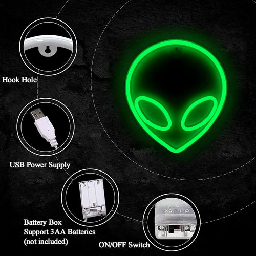 Alien Neon Sign Green LED Alien Neon Light Usb/Battery Operated Cool Alien Light up Sign for Wall Decor Game Room Aesthetic Hanging Light for Man Cave Stuff, Bedroom, Bar