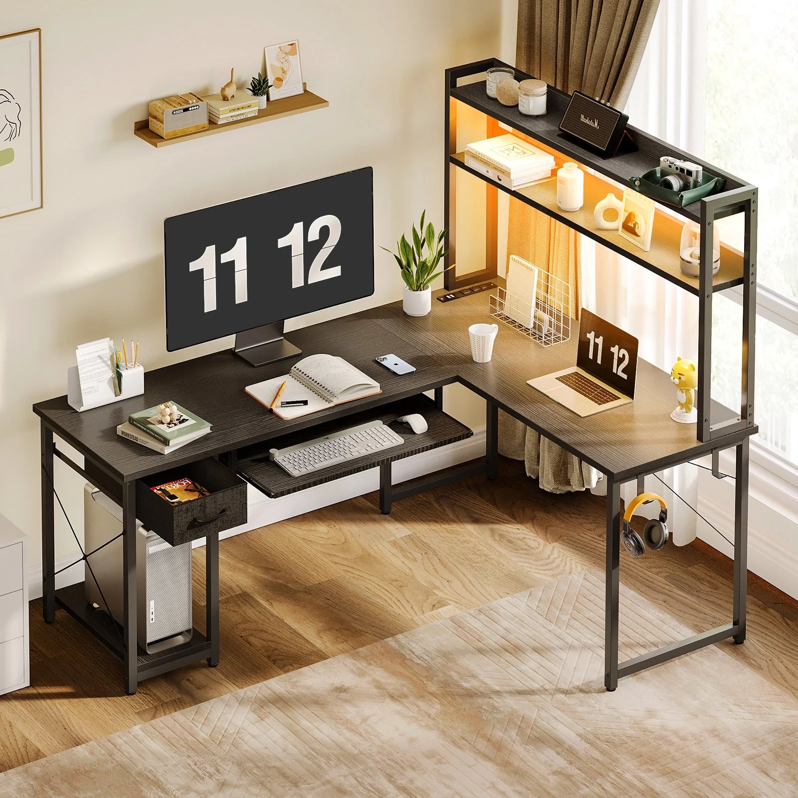 59" Reversible L-Shaped Gaming Desk with Power Outlets & LED Lights, Office Desk with Storage Drawer & Keyboard Tray for Home Office, Corner Computer Desk with Hutch, Pure Black