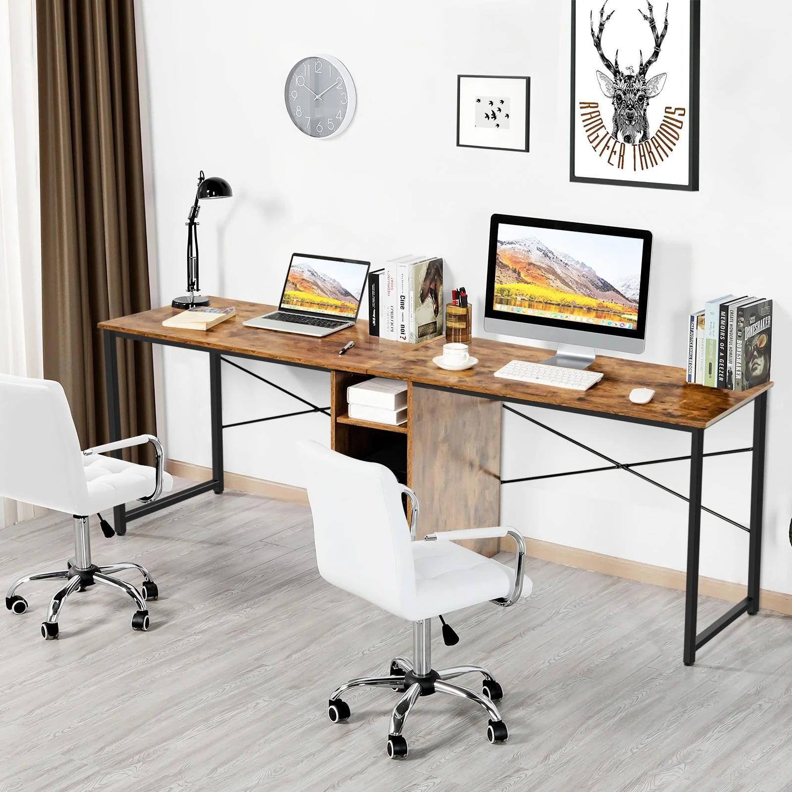 Two Person Computer Desk, Large Double Workstation, Multifunctional Work Table for Home Office, Antique