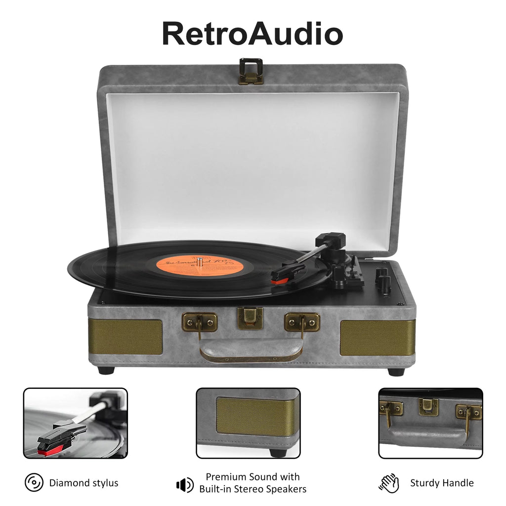 Vinyl Record Player Audio Turntable Bluetooth Portable Suitcase Record Player with Built-In Speakers, Grey