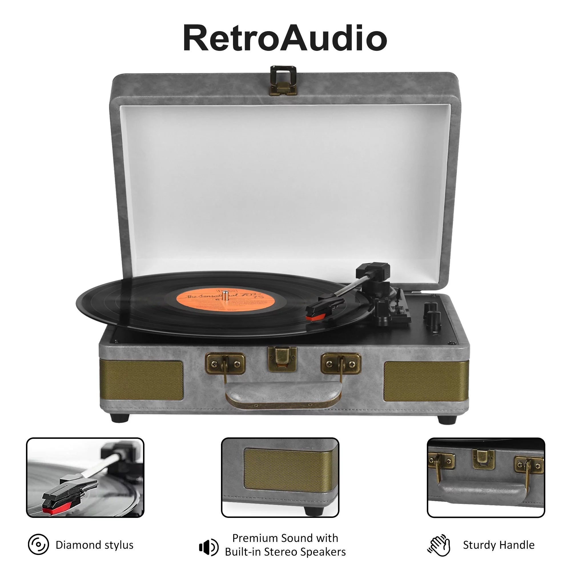 Vinyl Record Player Audio Turntable Bluetooth Portable Suitcase Record Player with Built-In Speakers, Grey