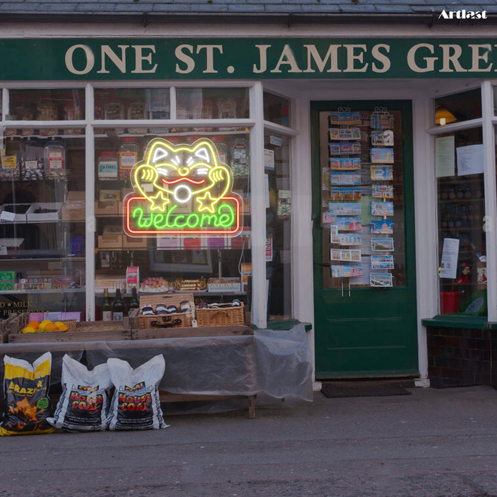 Artalst Lucky Cat Welcome Neon Wall Sign LED Business Welcome Sign Dimmable C...