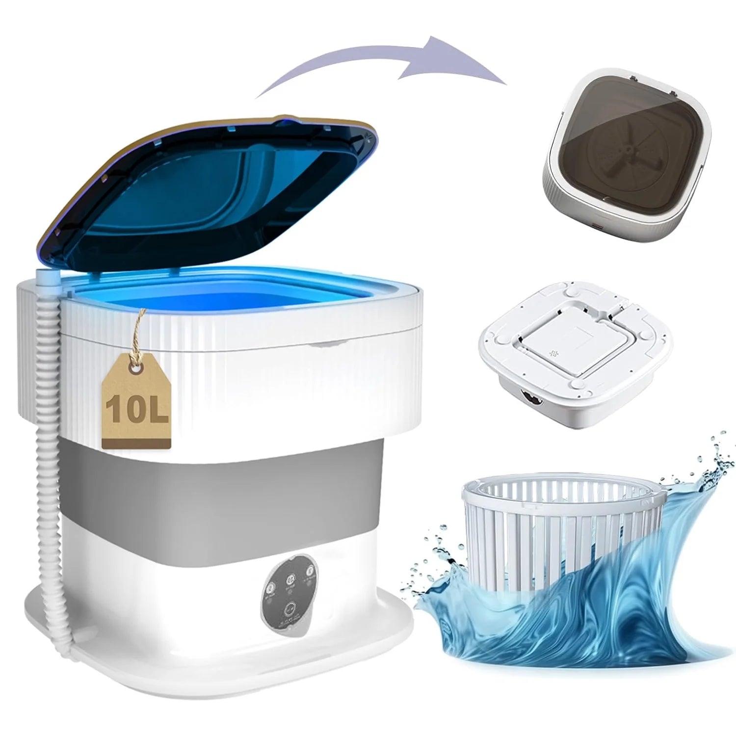 Portable Washing Machine, 10L Large Capacity Foldable Washing Machine ,Mini Washing Machine with 3 Modes Deep Cleaning for Underwear,Underpants,Socks,Baby Clothes,Pet Supplies-Grey