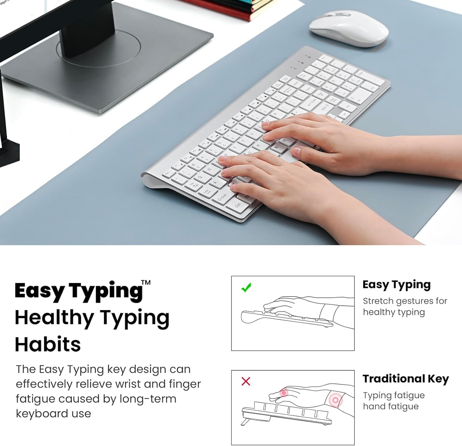 Easytyping KF10 Wireless Keyboard and Mouse Combo, [Silent Scissor Switch Keys][Labor-Saving Keys] Ultra Slim Wireless Computer Keyboard and Mouse, Easy Setup for Pc/Laptop/Windows - Silver