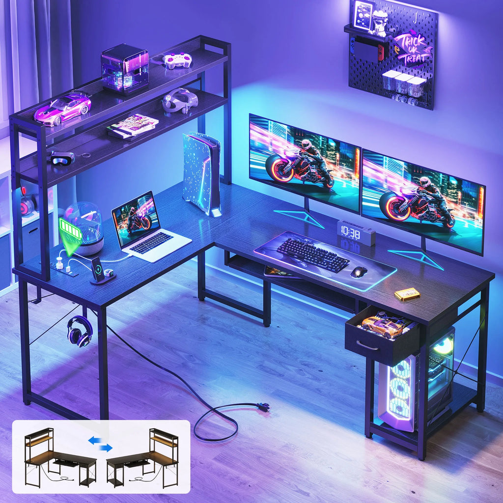 59" Reversible L-Shaped Gaming Desk with Power Outlets & LED Lights, Office Desk with Storage Drawer & Keyboard Tray for Home Office, Corner Computer Desk with Hutch, Pure Black