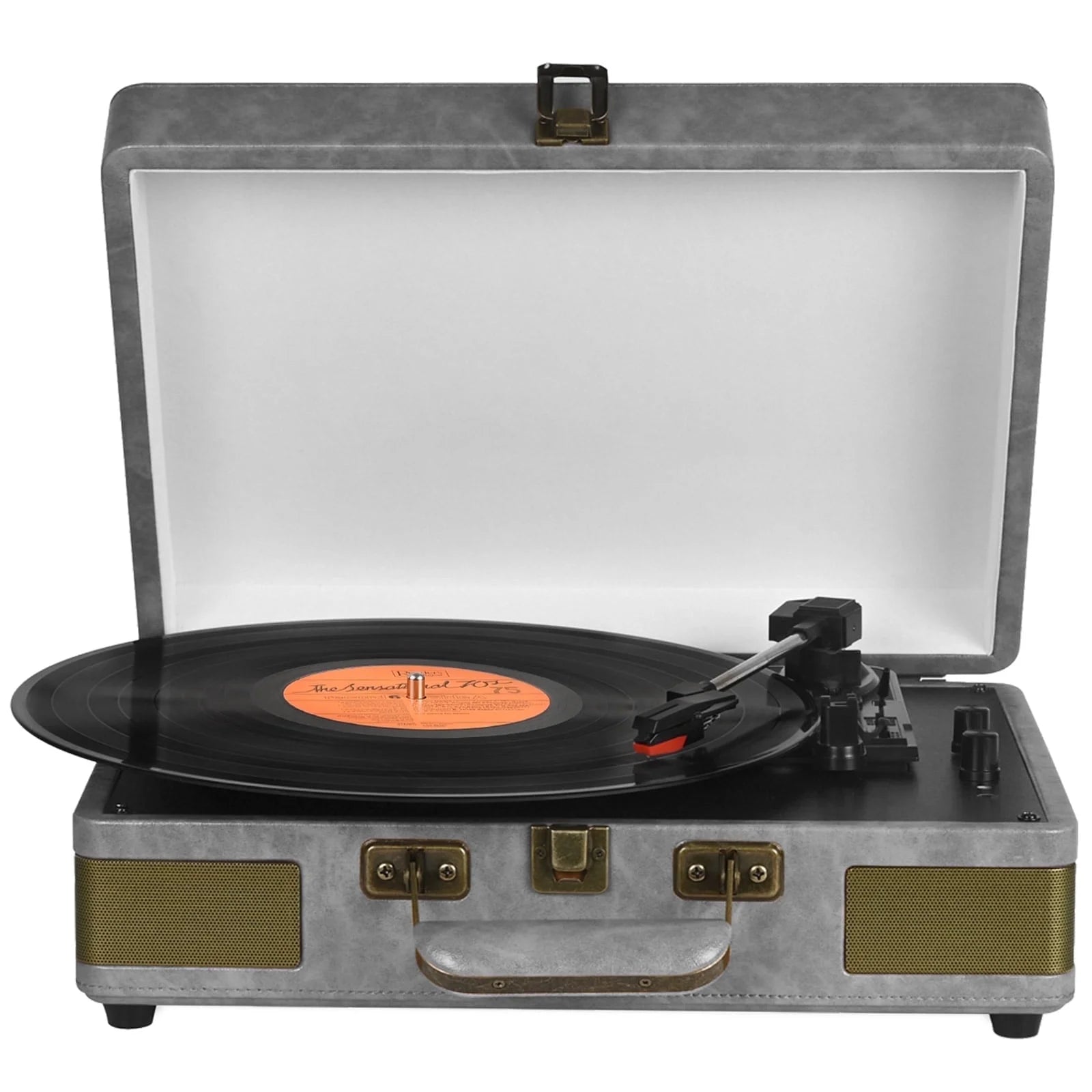 Vinyl Record Player Audio Turntable Bluetooth Portable Suitcase Record Player with Built-In Speakers, Grey