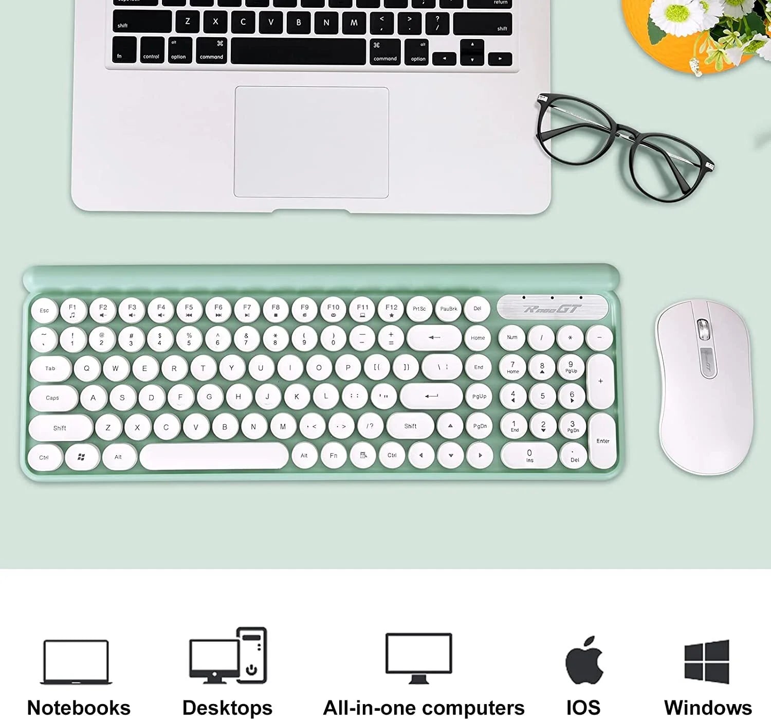 Wireless Keyboard and Mouse Combo,  Typewriter Keyboard Mouse Combo, 2.4G Silent USB Mouse, Quiet Cordless Cute Retro Keyboard Mouse Set, for Windows, Computer, Desktop, PC, Laptop, Green