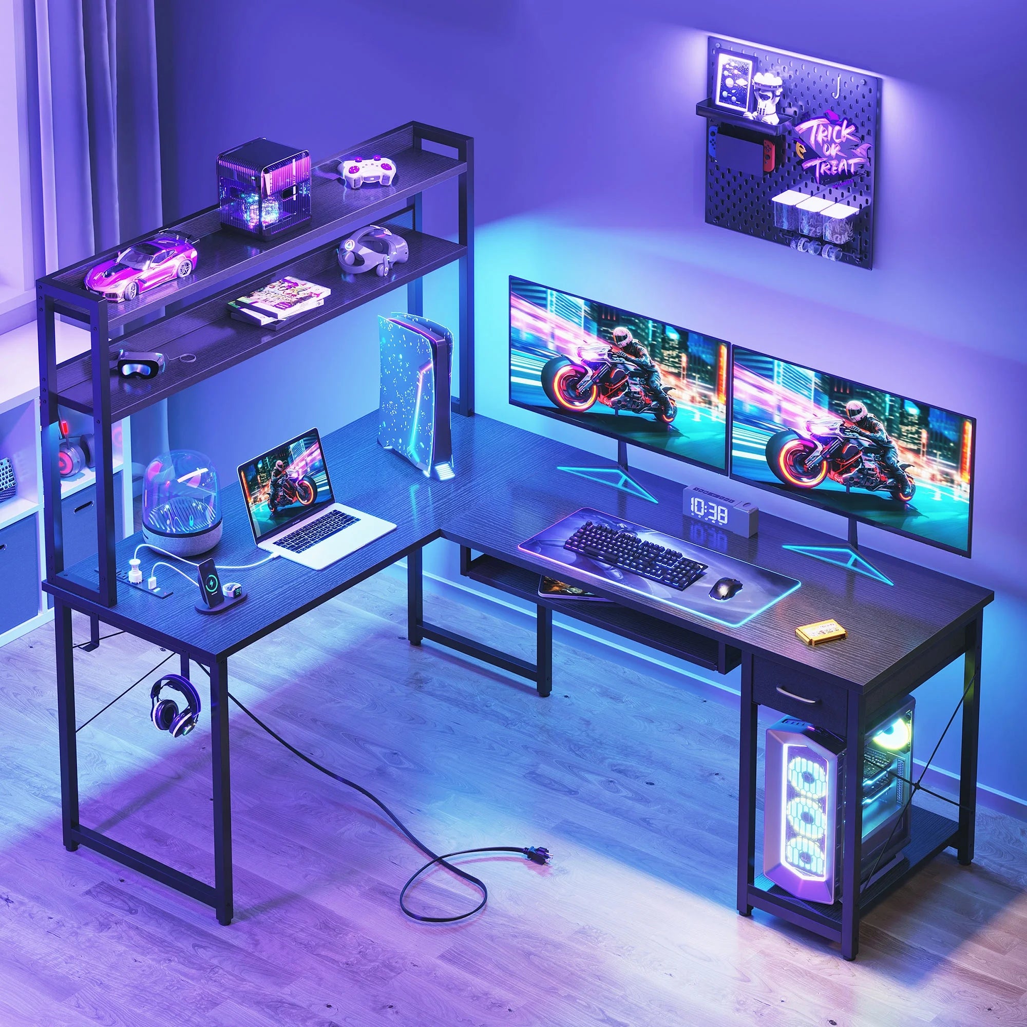 59" Reversible L-Shaped Gaming Desk with Power Outlets & LED Lights, Office Desk with Storage Drawer & Keyboard Tray for Home Office, Corner Computer Desk with Hutch, Pure Black