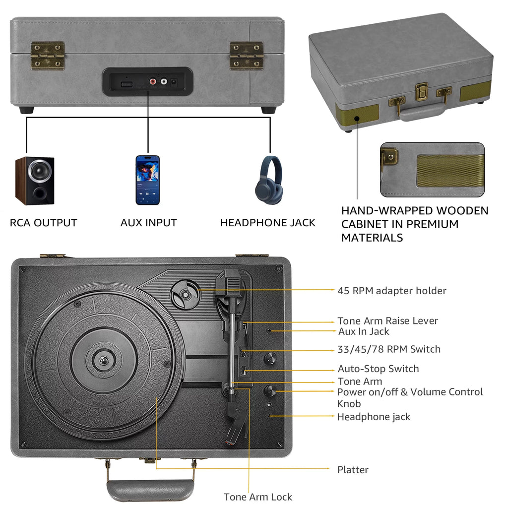 Vinyl Record Player Audio Turntable Bluetooth Portable Suitcase Record Player with Built-In Speakers, Grey