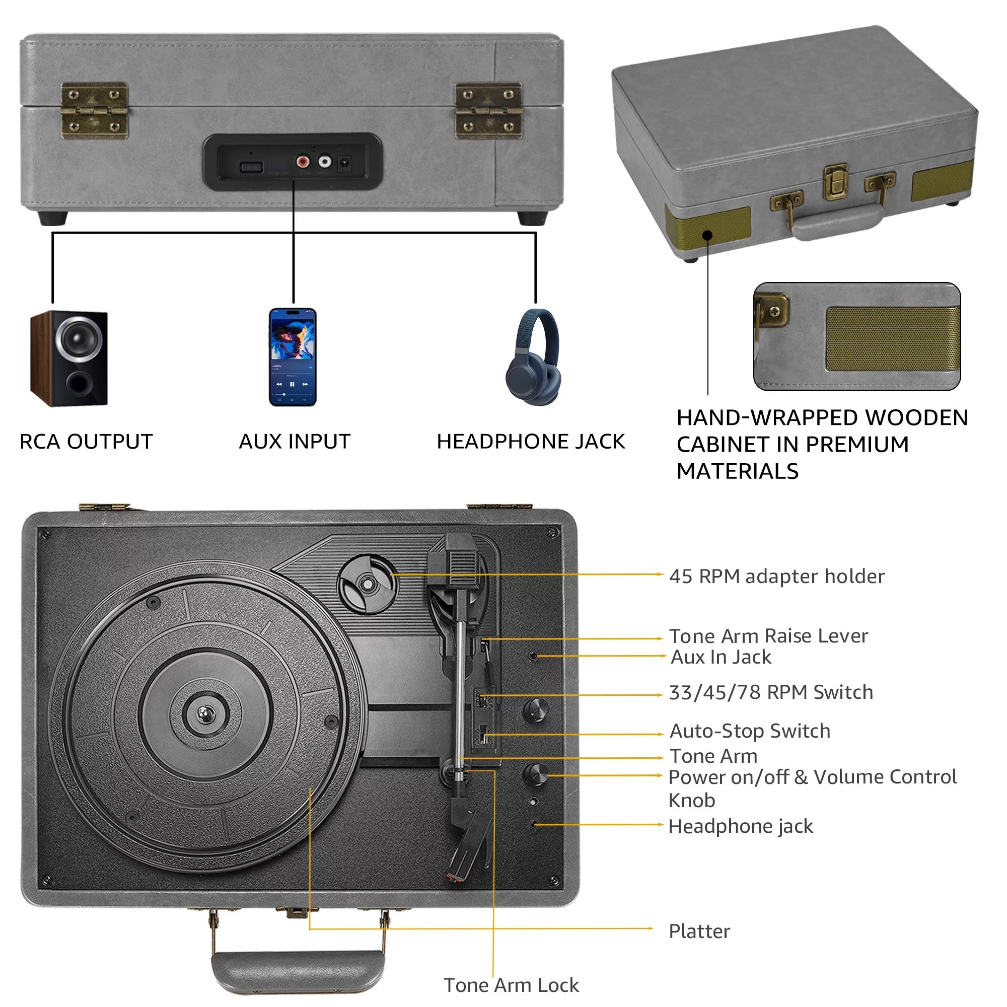 Vinyl Record Player Audio Turntable Bluetooth Portable Suitcase Record Player with Built-In Speakers, Grey
