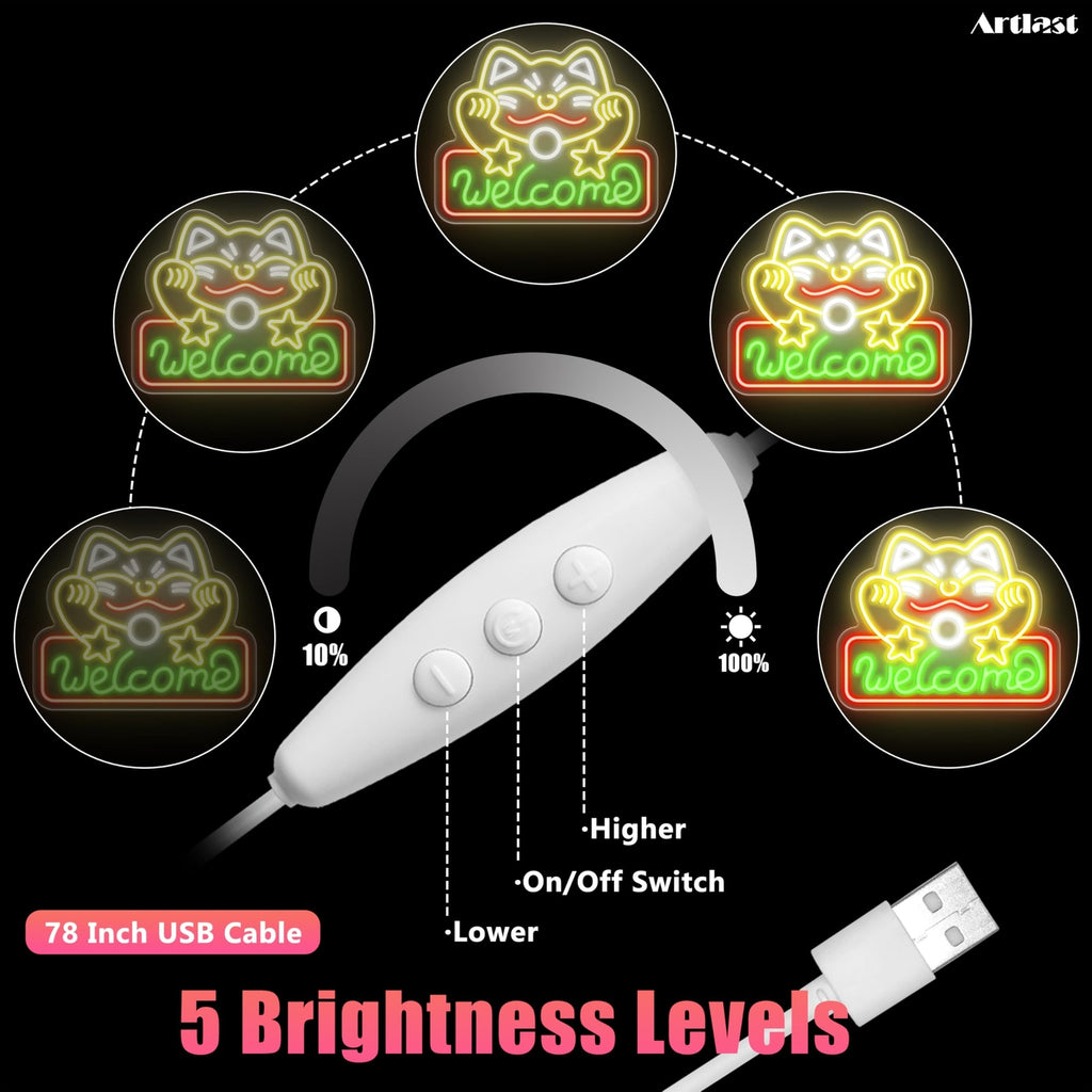 Artalst Lucky Cat Welcome Neon Wall Sign LED Business Welcome Sign Dimmable C...