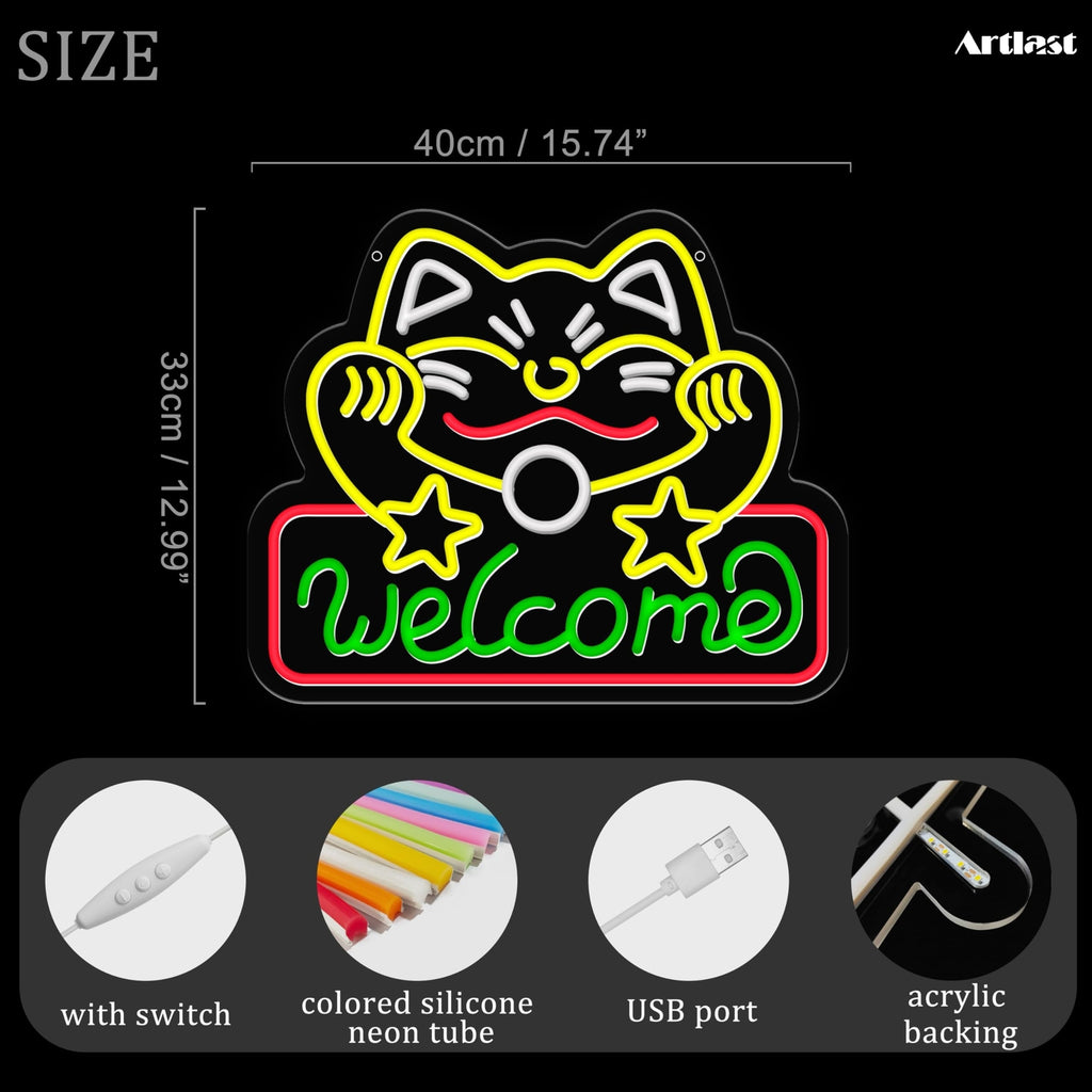Artalst Lucky Cat Welcome Neon Wall Sign LED Business Welcome Sign Dimmable C...