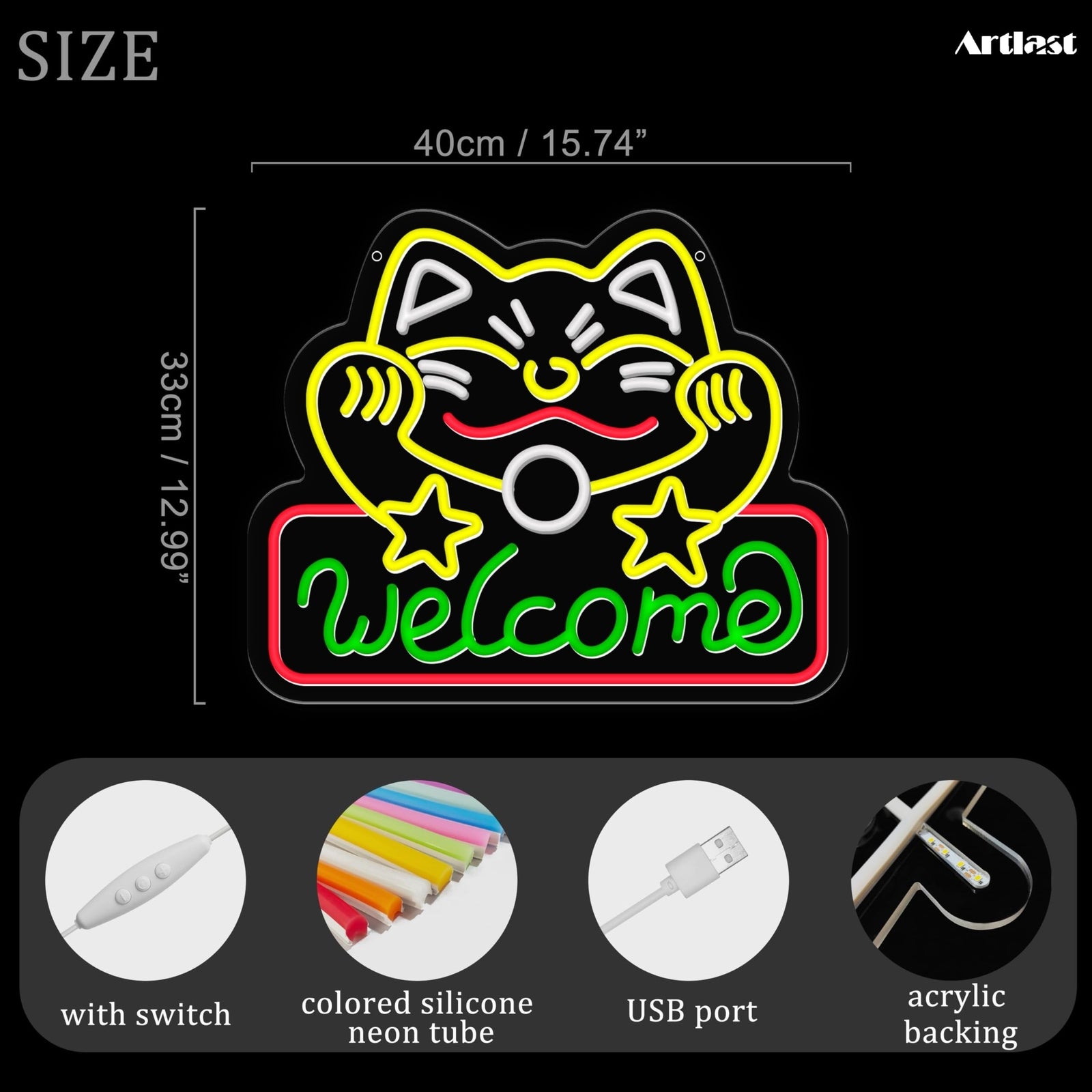 Artalst Lucky Cat Welcome Neon Wall Sign LED Business Welcome Sign Dimmable C...